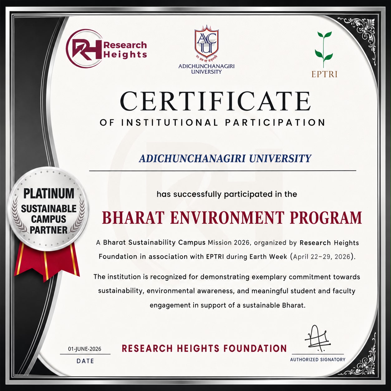 Platinum Sustainable Campus Partner — Bharat Environment Program certificate awarded to Adichunchanagiri University